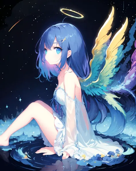 a close up of a person sitting in water with wings