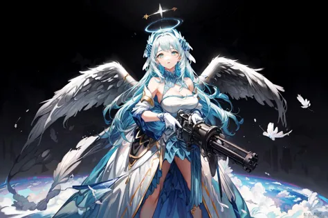 a woman with angel wings holding a gun in her hands