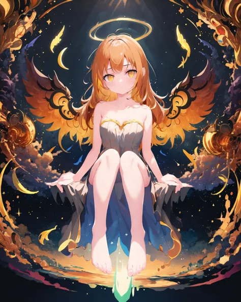 (1girl, solo:1.2), <lora:changeACharacterAngelIfy_v10:0.6>, angelt, large wings, halo, angel, shiny, praying, (full body, from below, looking at viewer, sitting), surreal, starry, milky way, (C0C0C0:0.88),(FF8000:1.25), double exposure, collarbone, bare shoulder, long hair, 

 , <hypernet:ms2:0.2>,   <lora:LohaMorningGlory_lohaV10:0.9> <lora:planetSimulatorLora_:0.6> <lora:cosmicRainbow_v1:0.6>, rainbow,  <lora:test-noline:0.5>