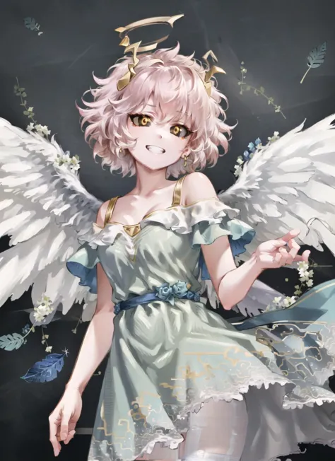 ((best quality)), ((highly detailed)), masterpiece, ((official art)), (detailed eyes, deep eyes), (1girl), <lora:changeACharacterAngelIfy_v10:.8>, AngelT, halo, large feather wings, <lora:minaAshidoMyHero_v10:.8>, Ashido Mina, yellow eyes, black sclera, schoolgirl, smirk