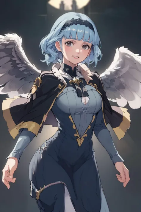 a woman with blue hair and wings standing in front of a moon