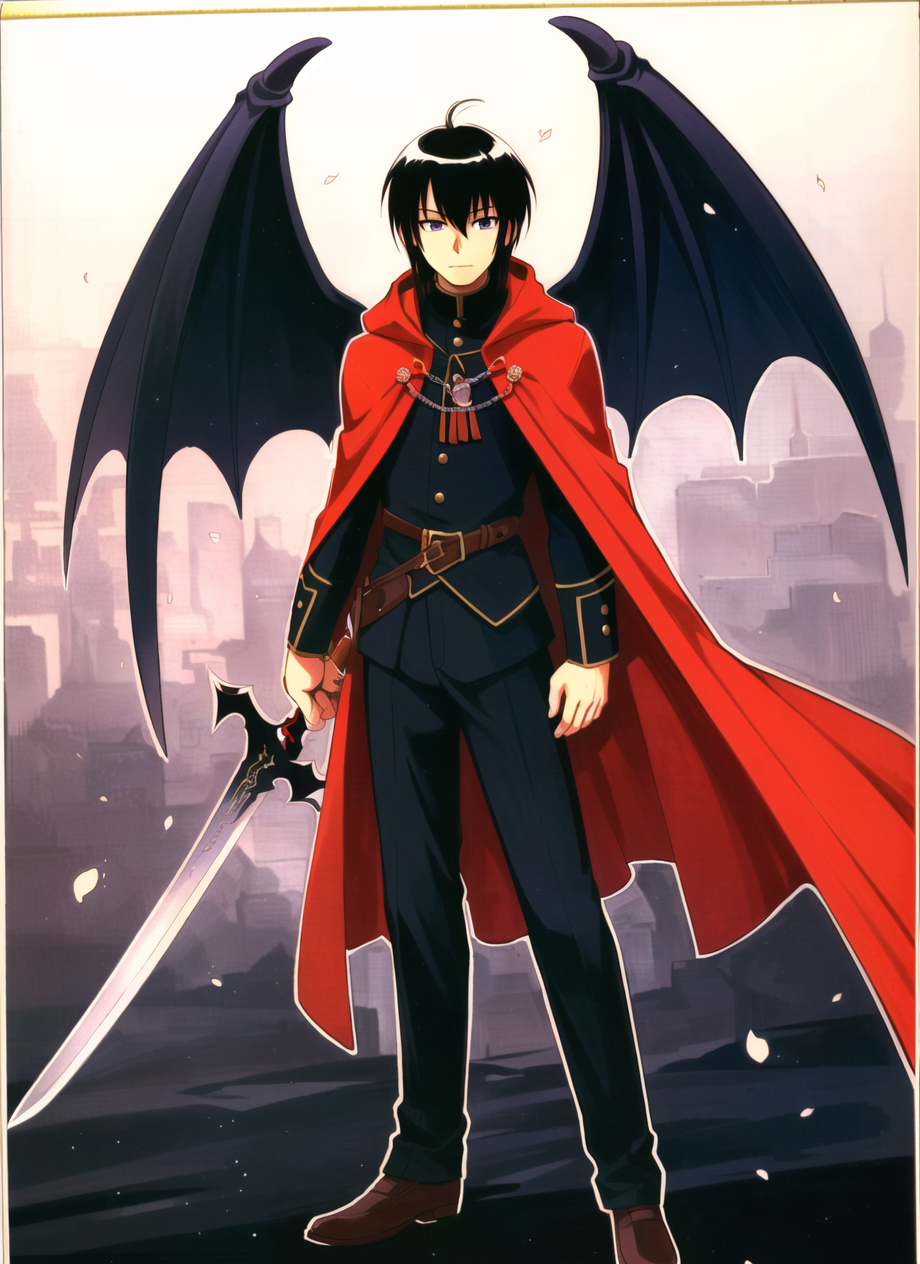 Anime character with sword and cape standing in front of a city - SeaArt AI