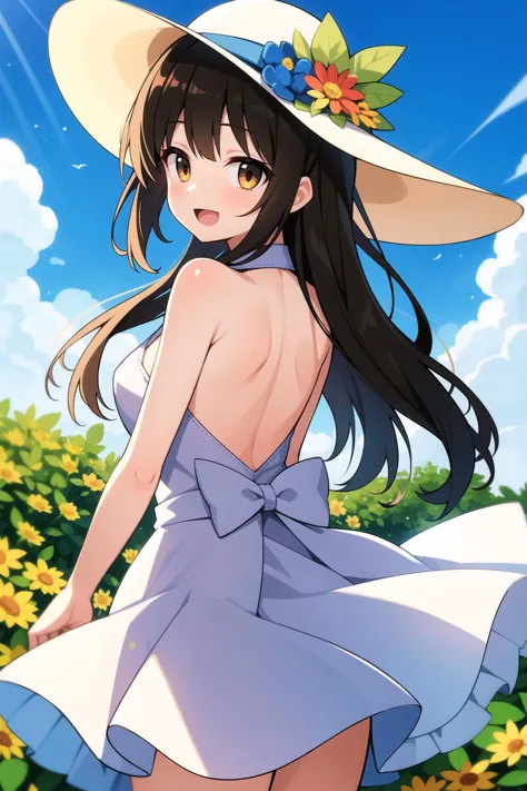 bare arms,blue sky,see-through dress,cowboy shot,flower,dappled sunlight,back bow,:d,hat bow,sundress,goto p,hat flower,1girl,outdoors,long hair,from behind,sunlight,dress,garden,white dress,solo,brown eyes