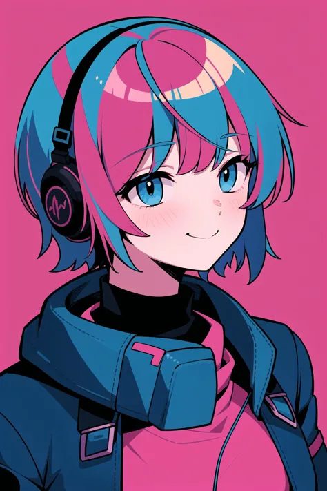 hotify 1girl, solo, smile, short hair, bangs, simple background, 1boy, closed mouth, blue hair, jacket, pink hair, male focus, m...