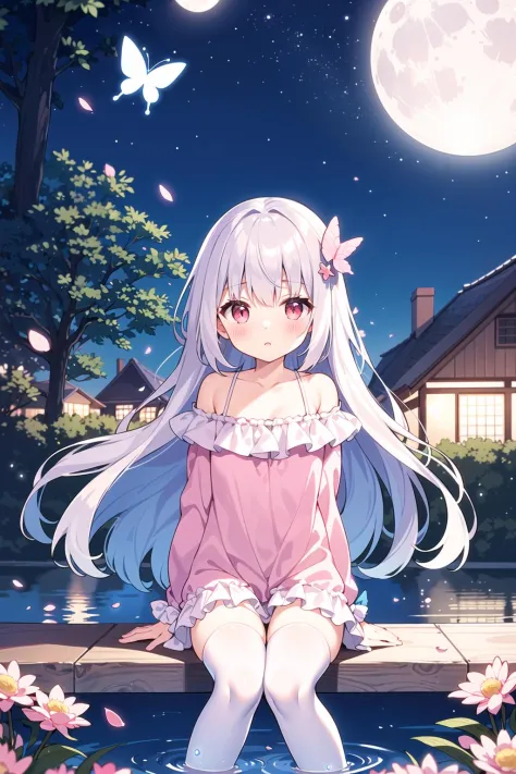 (sitting),petite,(bow),(silver hair),(long hair),(light red eyes),stars in the eyes,hair ornament,(blush),bangs,(a girl in[(nigh...