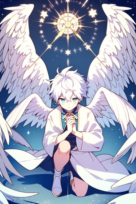 <lora:orthoslora:0.5>,1boy,angel,white hair,jotome,open hand,Circle of Angels,one knee, from above