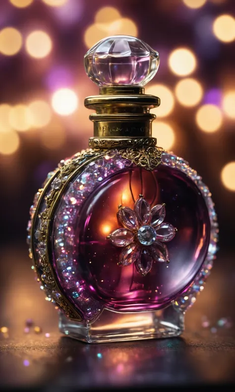 a close up of a purple perfume bottle with a flower on it