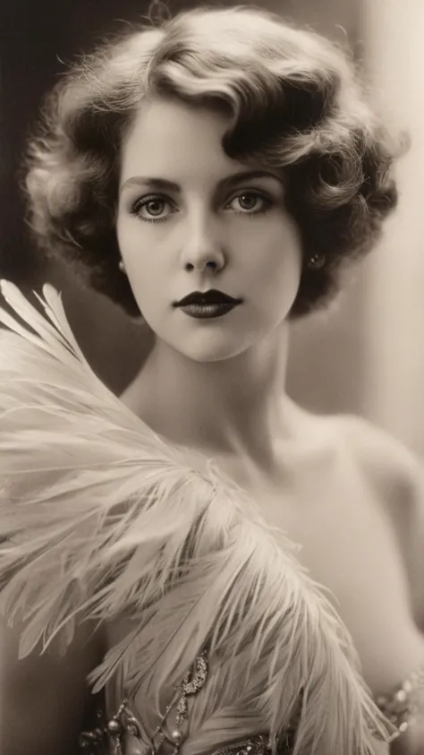 a black and white photo of a woman with a feathered dress