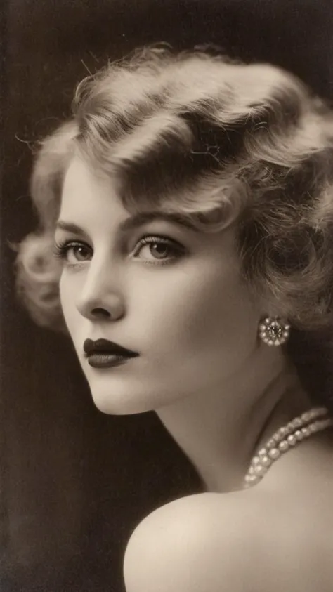 a black and white photo of a woman with a pearl necklace