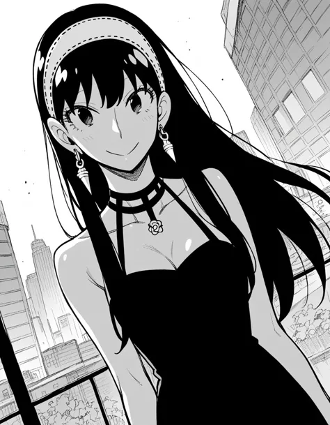 anime girl in black dress standing in front of a window