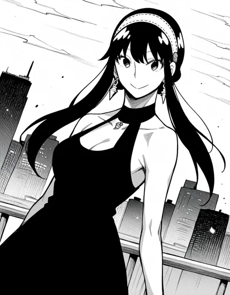 anime girl in black dress with headphones standing in front of a city