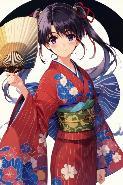 anime girl in kimono outfit holding a fan and a fan