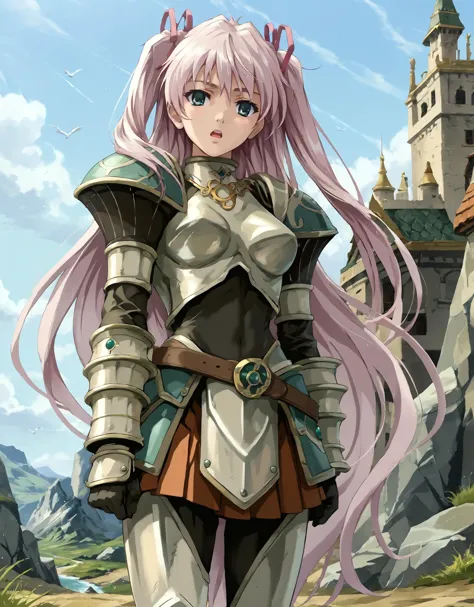 a woman in armor standing in front of a castle