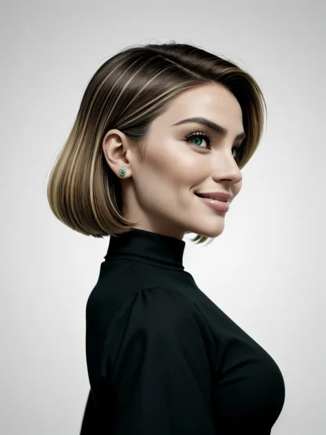 (op art style, optical illusions, black and white, geometric, detailed:1.15), close range AnnaVonKlinski with dirty blonde highlights, focus on smiling face, side view wearing a maid dress her dark green hair is styled as textured bob,