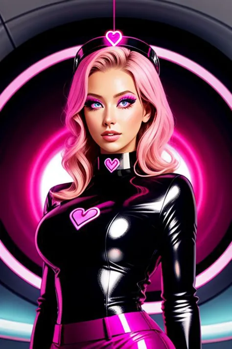 (bimbo hypnosis \(theme\):1), professional detailed (full length) photo of (latex flight attendant) being (brainwashed by Mind control heart choker), (shiny glossy translucent clothing:1.1), (gleaming oily latex fabric), (bimbo flight attendant uniform with pencil skirt:1), (Glowing Pink Eyes), (:O), (Brainwashing), (Mind Control), (Mind control device), Hypnosis, Mind Control Collar, eyes open wide, extremely detailed eyes, ((spiral eyes)),