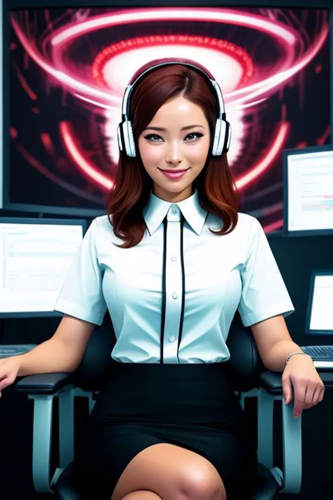 arafed woman sitting in front of a computer desk with headphones on