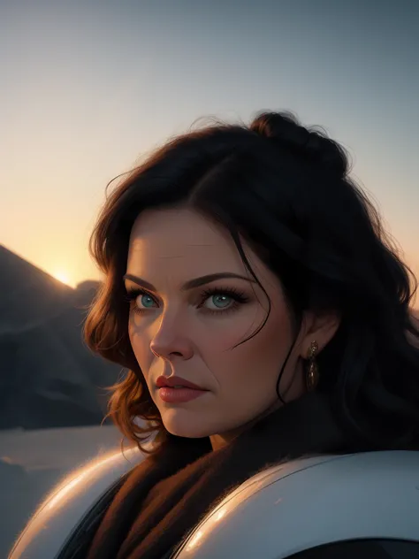 3/4 shot, portrait, Sherilyn Fenn, tundra, snow, mountains, sunrise, snowstorm, barren, harsh, digital art by tommy lee edwards,
extremely detailed face,