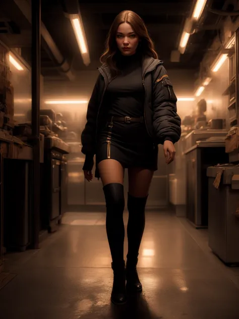 a woman in a black dress and boots walking down a hallway