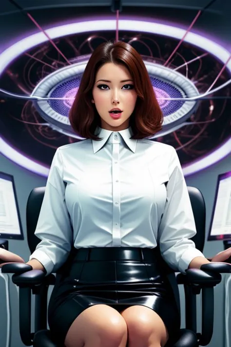 (office woman) brainwashed by (reprogramming chair), (white office blouse with covered nipples and latex pencil skirt:1), (@_@), (Brainwashing), (Mind Control), (Mind control screen), collar, Mind Control, Hypnosis, Mind Control Collar, brainwashing machine, entranced, hanging mouth, (sitting in brainwashing chair),