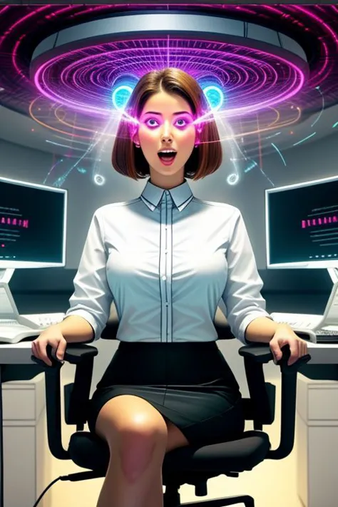 (office woman) brainwashed by (glowing spiral screen), (white office blouse with covered nipples and latex pencil skirt:1), (@_@), (Brainwashing), (Mind Control), (Mind control screen), collar, Mind Control, Hypnosis, Mind Control Collar, brainwashing machine, evil photograph, entranced, surreal horror, hanging mouth, drooling, (sitting in reprogramming chair),