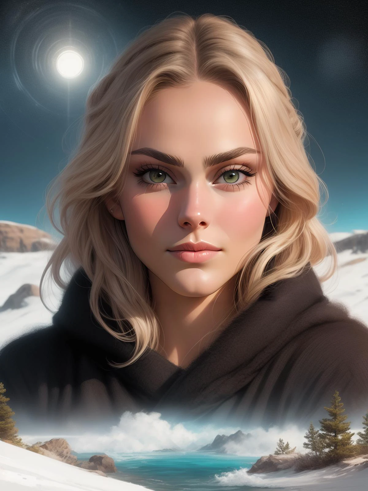 A woman with blonde hair and green eyes in a black hoodie - SeaArt AI