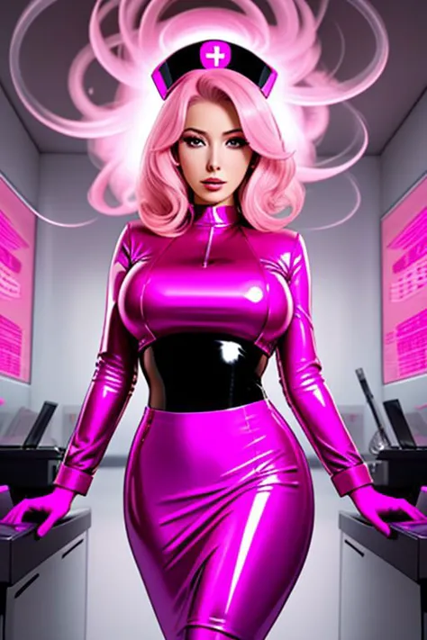 a woman in a pink latex outfit standing in a room