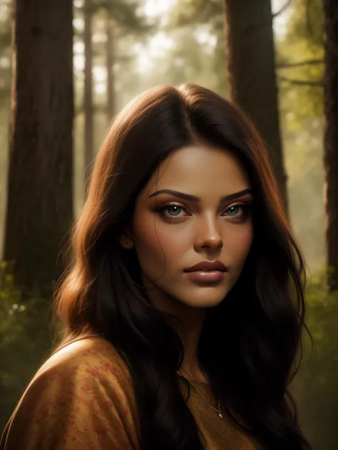 3/4 shot, portrait, Aishwariya Rai, forest, evening, ethereal, calm, serene, whispering, digital art by zoltn boros,
extremely detailed face,