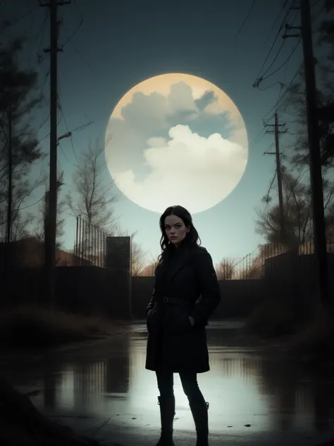 a woman standing in front of a full moon with a reflection