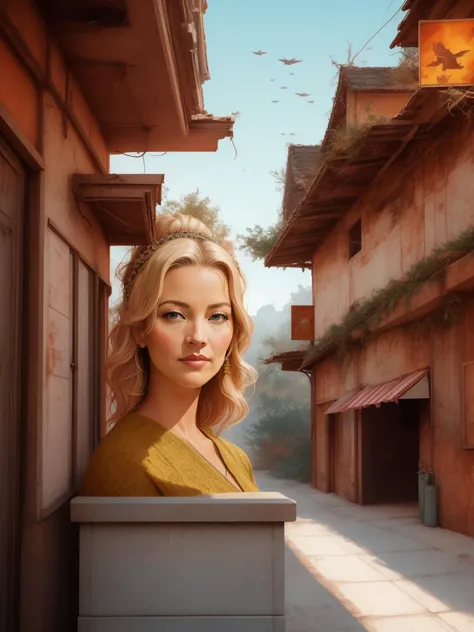 a close up of a woman standing on a balcony near a building