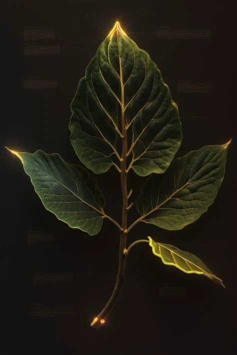 a bioluminescent chestnut leaf,, black background, j_diagram <lora:j_diagram:1>