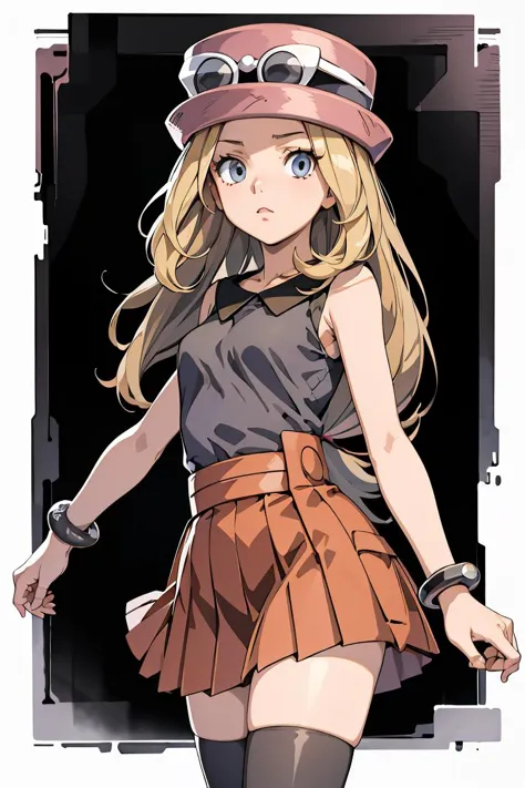 (masterpiece, best quality), 1girl,  <lora:serena:1> serena (pokemon),1girl,hat,sunglasses,long hair,blonde hair, blue eyes,bracelet,sleeveless shirt,black shirt,red skirt,pleated skirt,black thighhighs,