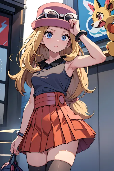 (masterpiece, best quality), 1girl,  <lora:serena:1> serena (pokemon),1girl,hat,sunglasses,long hair,blonde hair, blue eyes,bracelet,sleeveless shirt,black shirt,red skirt,pleated skirt,black thighhighs,