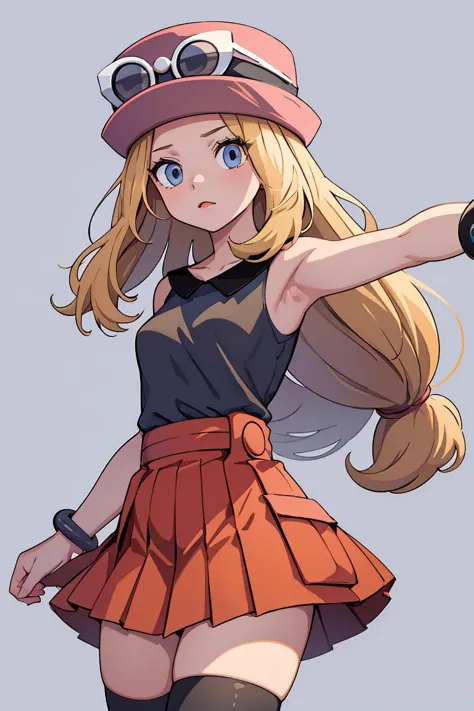 (masterpiece, best quality), 1girl,  <lora:serena:1> serena (pokemon),1girl,hat,sunglasses,long hair,blonde hair, blue eyes,bracelet,sleeveless shirt,black shirt,red skirt,pleated skirt,black thighhighs,