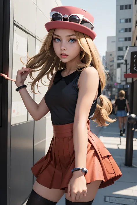 (masterpiece, best quality), 1girl,  <lora:serena:1> serena (pokemon),1girl,hat,sunglasses,long hair,blonde hair, blue eyes,bracelet,sleeveless shirt,black shirt,red skirt,pleated skirt,black thighhighs,