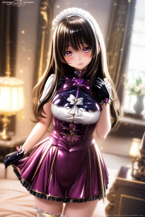 a woman in a purple dress and gloves posing for a picture