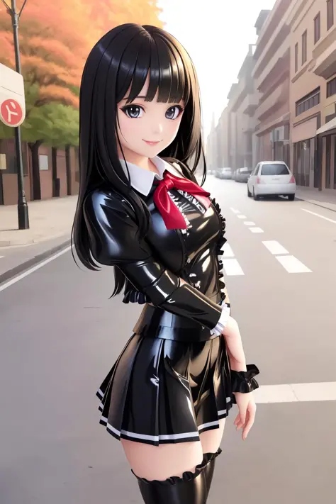 highres, masterpiece, perfect ligthing, bloom, cinematic lighting, adult, perfect skin, female, looking at viewer, street, Glamour Shot, (RSEEmma:1.5),<lora:RSERomantic_RSESofiko_RSEEmma-v1:0.3>, (shiny black latex tight school uniform and latex skirt with sissy frills:1.3), parted bangs, (black hair), very long hair, long hair, smile