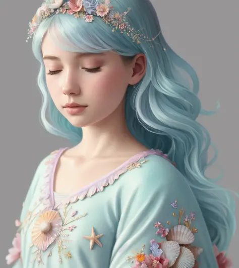 princess girl with wing, blue, pastel, glitter, dramatic, dreamy, pastel, watercolor, whimsical, delicate, seashell crown, trend...