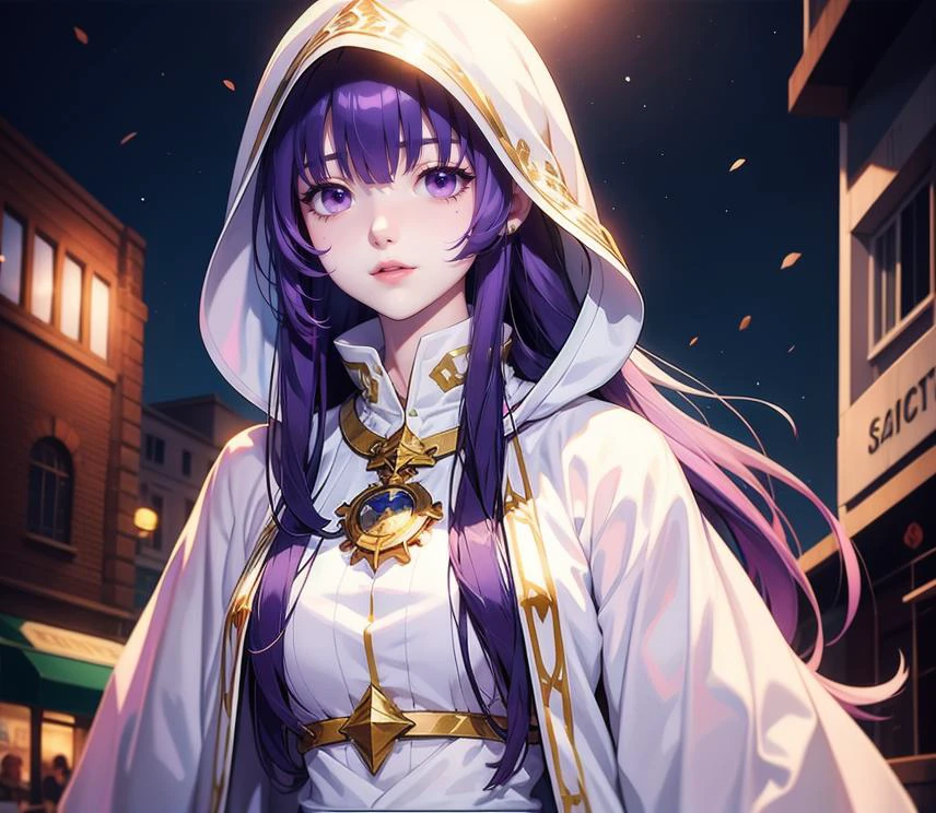 1girl, priestess, in the city, night, portrait, white clothes, purple hair, long hair
