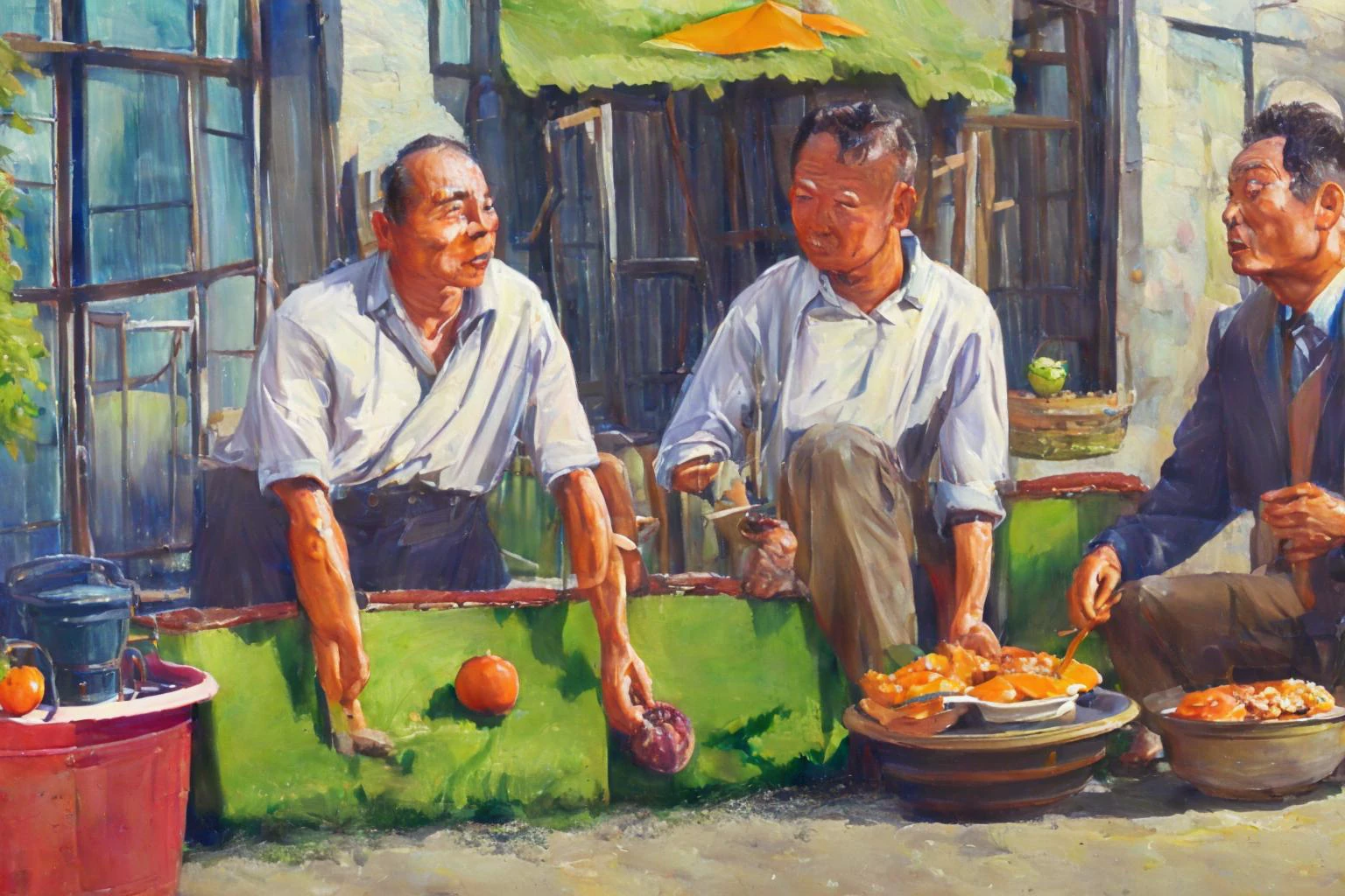 ((masterpiece, best quality)),chinese,watercolor,two men are sitting on a chair and picking fruit from baskets on the ground, with a white background, 1boy, 1girl, 2boys, baguette, basket, black_pants, bowl, bread, burger, carrot, chopsticks, cooking, dark_skin, food, fruit, holding_basket, lettuce, male_focus, mandarin_orange, meat, multiple_boys, old, old_man, omelet, onion, orange_\(fruit\), pants, pie, plate, salad, sandwich, short_hair, shrimp, steak, tomato, tongs, vegetable