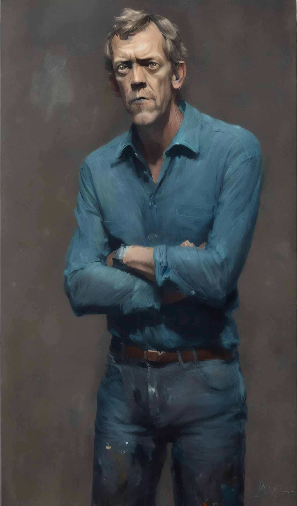 (pintura por mse) retrato de uma foto premiada de Hugh Laurie posando em um estúdio escuro, (iluminação de aro,:1.4) iluminação em dois tons, foco nitído, tom verde-azulado, octano, irreal, mal iluminado, sutil,, altamente detalhado, foco nitído, profissional, 4K, detalhe máximo, alta resolução, Alto detalhe, foco nitído, suave, estética, extremamente detalhado, photorealista, realista, Pós-processamento,  8K, Ultra HD,
