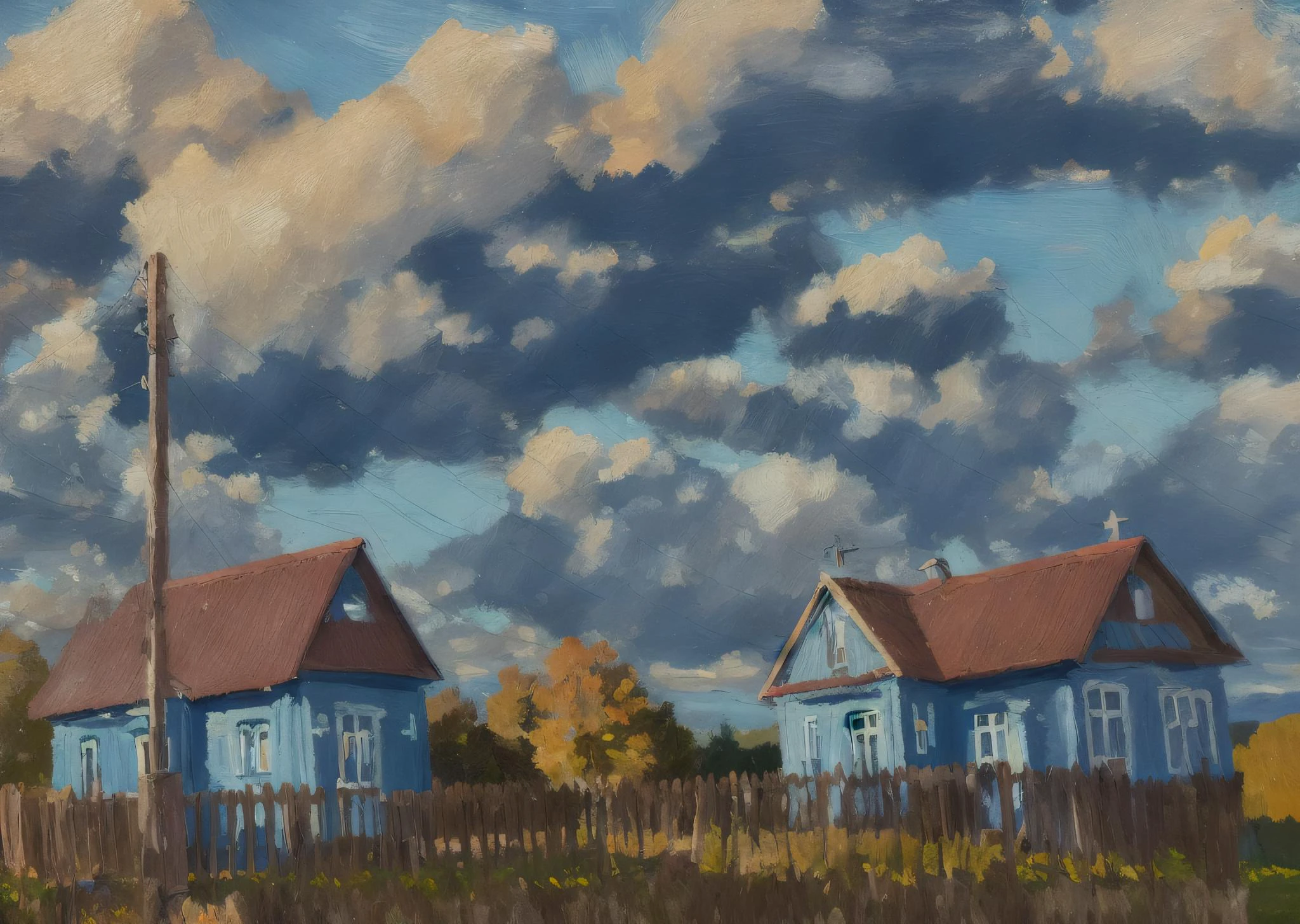 (pintura por mse:1.5) hora azul, cair, casa em um campo com fundo de céu e nuvens ao fundo, com um caminho de terra que leva até a casa, Pintura Impressionista,