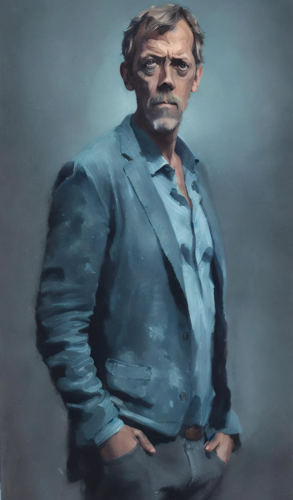 (Gemälde von mse) Porträt eines preisgekrönten Fotos von Hugh Laurie, der in einem dunklen Studio posiert, (Felgenbeleuchtung,:1.4) zweifarbige Beleuchtung, scharfer Fokus, blaugrüner Farbton, Oktan, unwirklich, schwach beleuchtet, zurückhaltend,, sehr detailliert, scharfer Fokus, Fachmann, 4k, maximale Details, highres, hohe Detailgenauigkeit, scharfer Fokus, Glatt, ästhetisch, extrem detailliert, photoRealistisch, Realistisch, Nachbearbeitung,  8k, uhd,