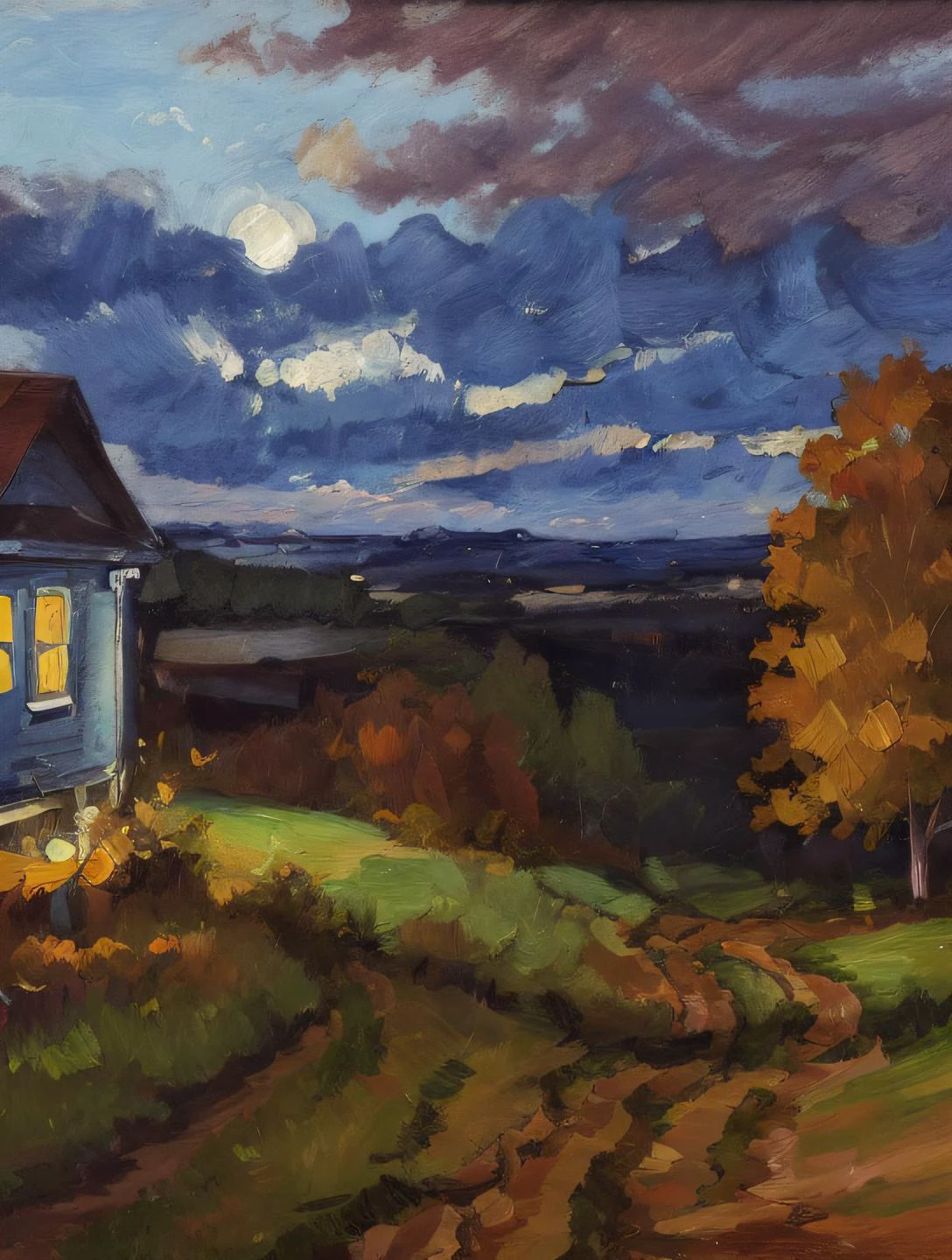 (uma pintura de mse) hora azul, cair, suave, estética, casa em um campo, nuvens, um caminho de terra que leva até a casa,