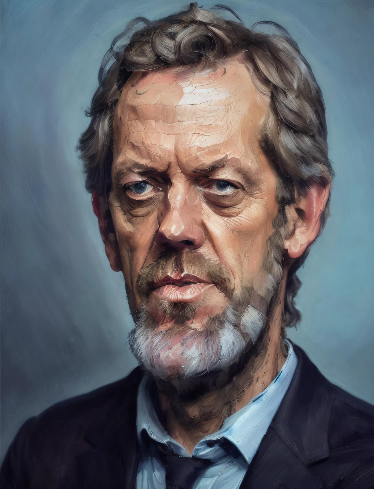 (a painting by mse) close up portrait of a award winning photo of hugh laurie posing in a dark studio, (rim lighting,:1.4) two tone lighting, sharp focus, teal hue, dimly lit, low key, highly detailed, sharp focus, unreal, professional, 4k, max detail, highres, high detail, sharp focus, smooth, aesthetic, extremely detailed,  8k, uhd