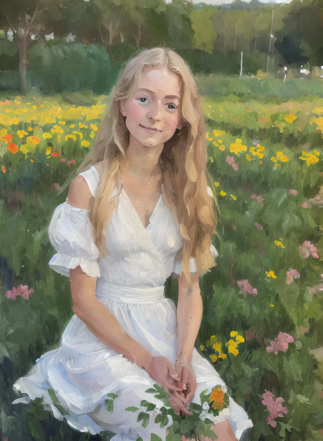 (MSE의 그림) (붓놀림) (걸작, 최고의 품질), 녹색 식물과 꽃이 있는 들판에 앉아 있는 긴 금발 머리를 가진 18세 소녀와 마주하기 위해 가까이 다가갑니다, 그녀의 손은 그녀의 턱 아래에 있다, 따뜻한 조명, 하얀 드레스, Detaled 얼굴 특징, 연약한