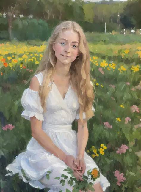 (a painting by mse) (brush strokes) (masterpiece, best quality), close up to face 1girl 18 years old with long blond hair sittin...