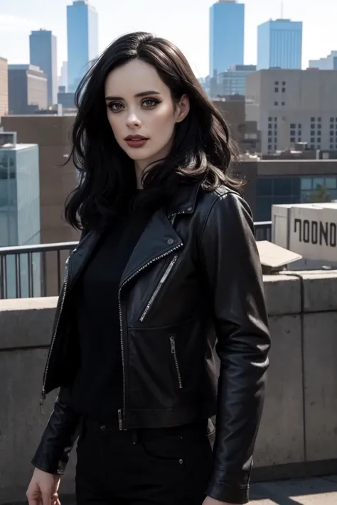 <lora:mondongo_LoRA_KrystenRitter:1> mndngwmn, (ultra realistic, 8k,high quality),(medium shot), wearing a leather jacket, on a ...