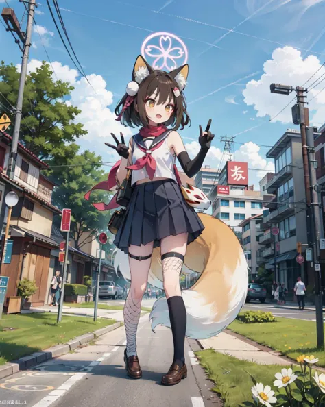 a woman in a short skirt and cat ears is standing on a street