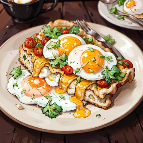 there is a plate of food with eggs and tomatoes on it