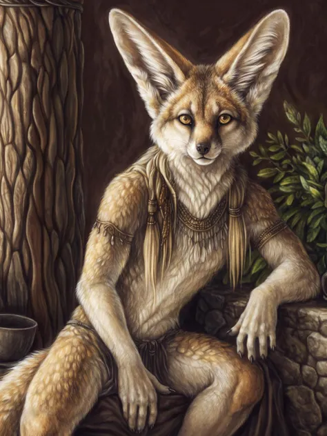 darknatasha,detailed background,detailed eyes,detailed face,anthro,clothing,tribal bandage,shaman,grinds herbs,fennec,   ,detailed fur,realistic fur,real,realistic,high quality, detailed,